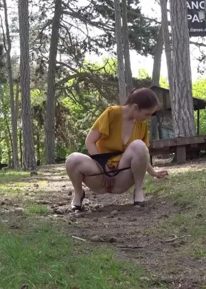Caucasian girl Antonia Sainz squats for a piss while in the woods