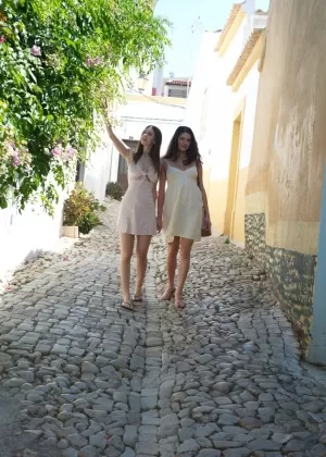 Lesbian lovers Francesca DiCaprio  Stella Cox flash upskirts while on holiday