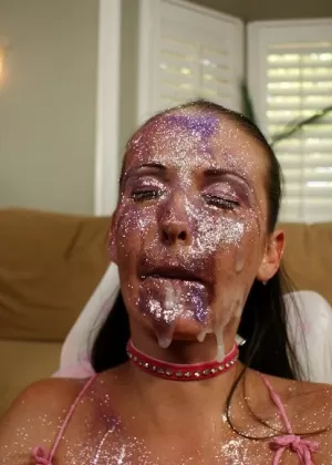 First timer wears butterfly wings while taking part in a bukkake scene