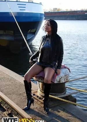 Pretty girl exposes her breasts and underwear while in public places